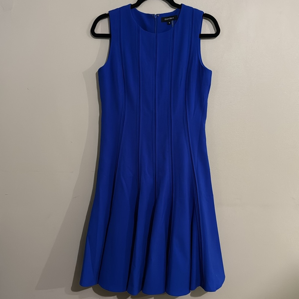 Ellen Tracy Dress Women's Royal Blue Slimming Flare Pleats Sleeveless Lined Sz 8 - Picture 2 of 11